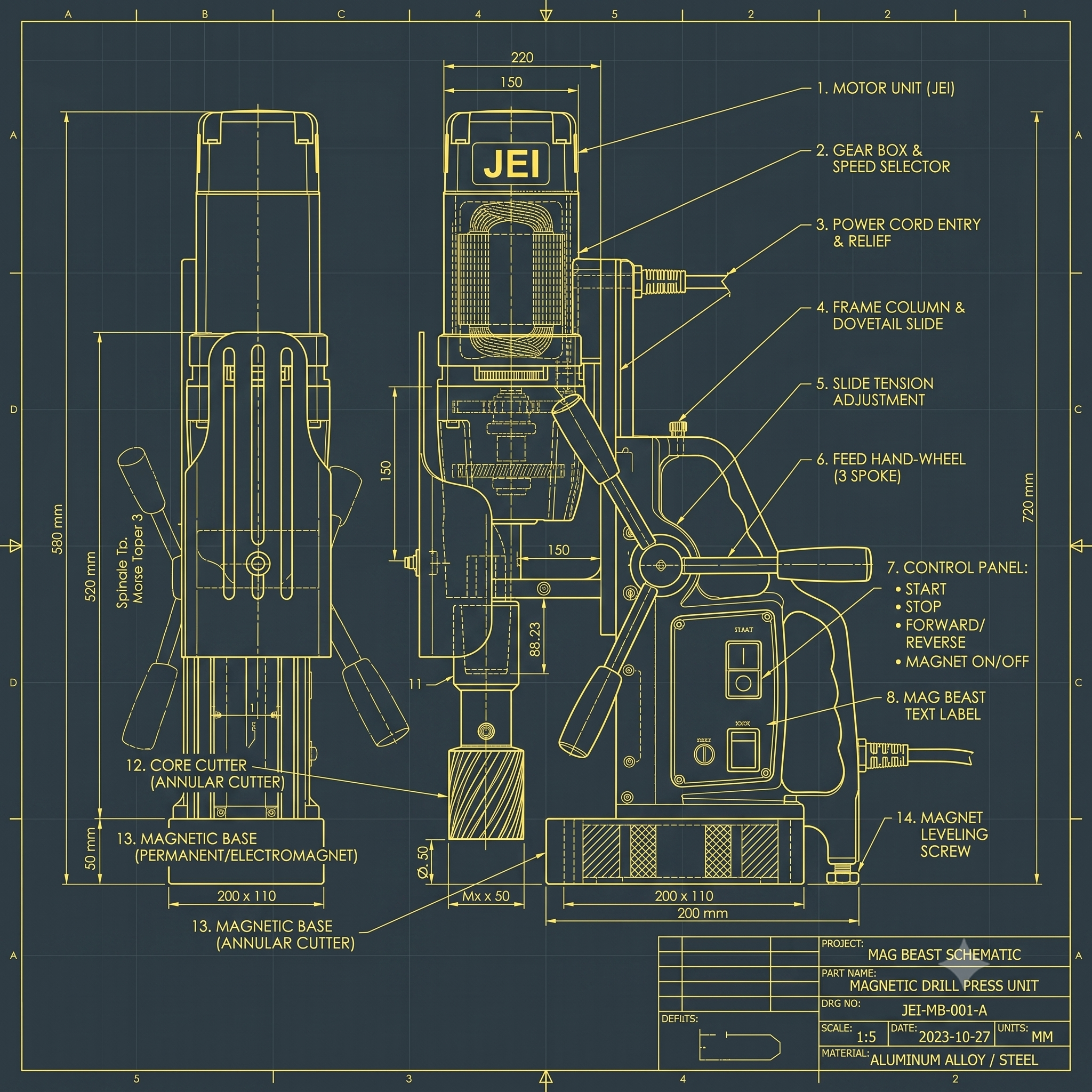 MagBeast magnetic drill press — technical schematic, two-view orthographic drawing with 14 labelled parts, dimensioned in millimetres.